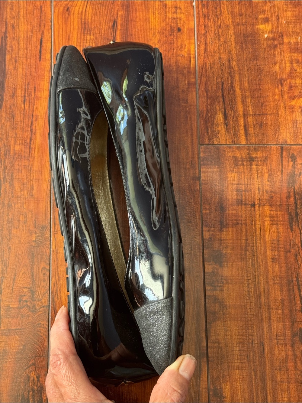 Jimmy Choo Black Patent Flats with Glitter Cap Toe - Picture 6 of 10